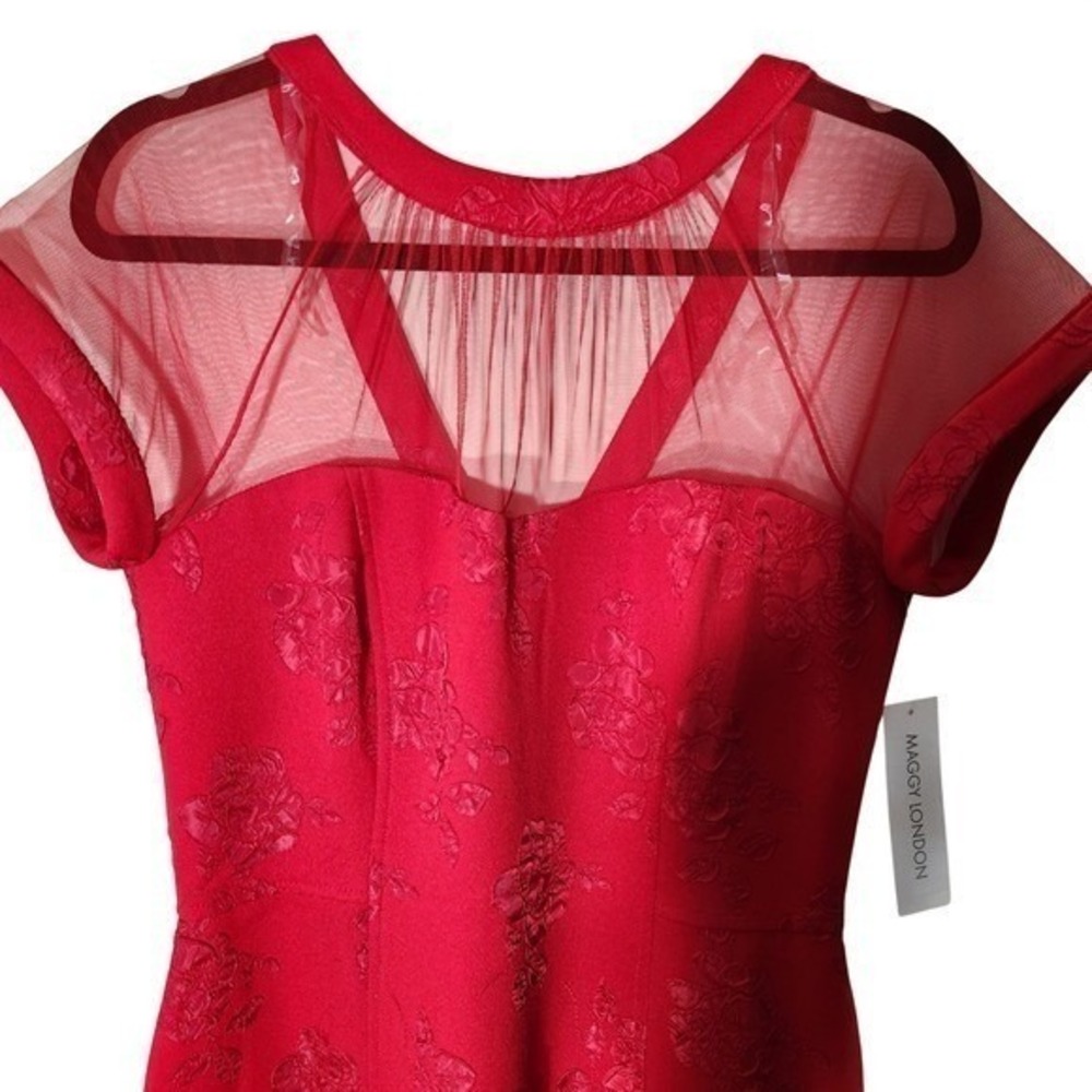 Maggy London Red Floral Jacquard Sheath Dress Sheer Mesh Neckline Size 14